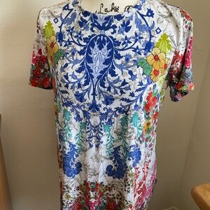 Johnny Was Blue Multi Floral Bamboo Crew Neck Long Tee Shirt M 12